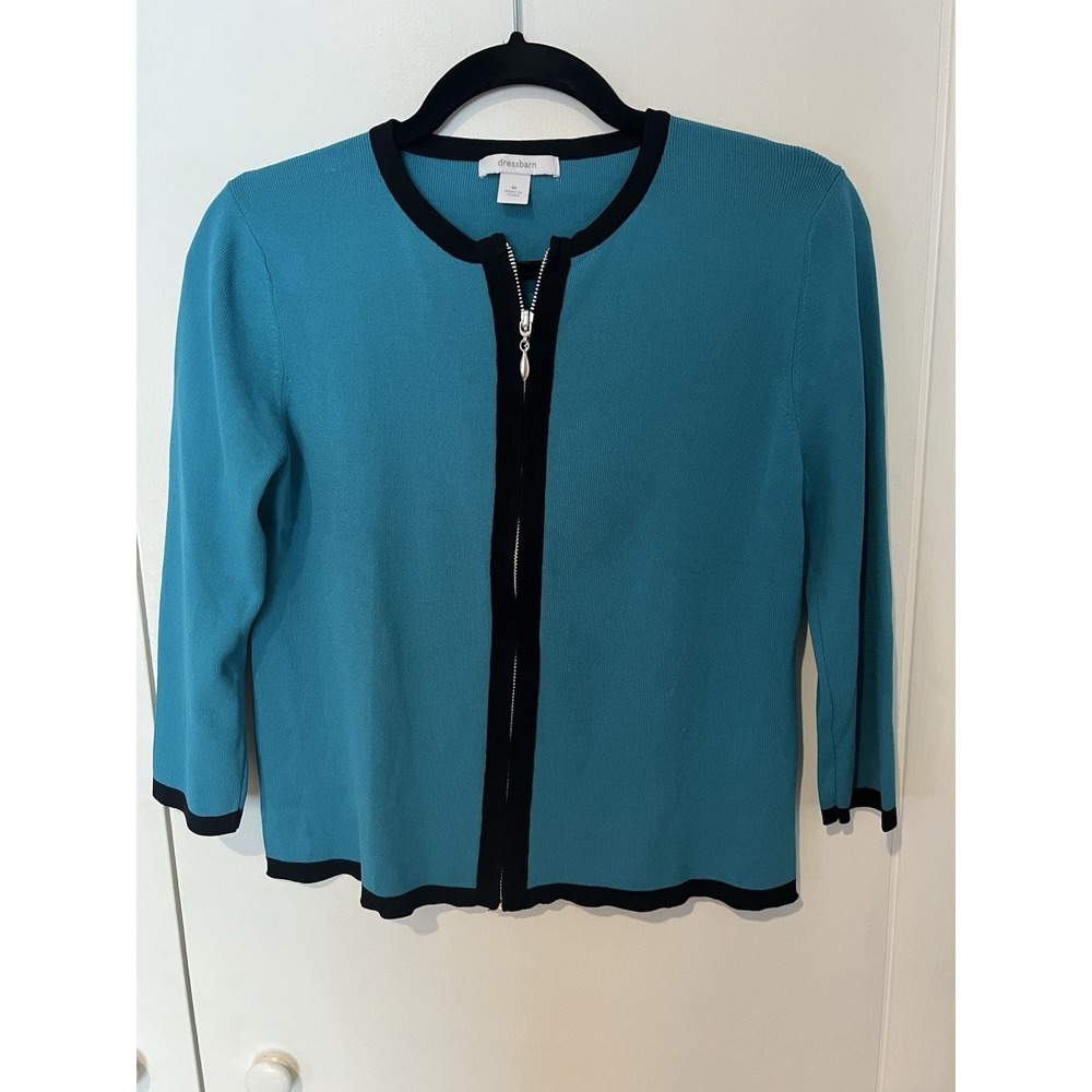 Dress Barn Women's Teal Blue Medium Zip Up Rayon Nylon Long Sleeve Sweater